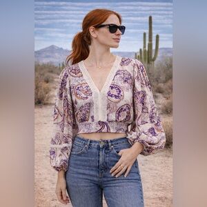 Band of the Free Mirabelle Paisley Lace Trim Crop Top Blouse Women’s Small NWT